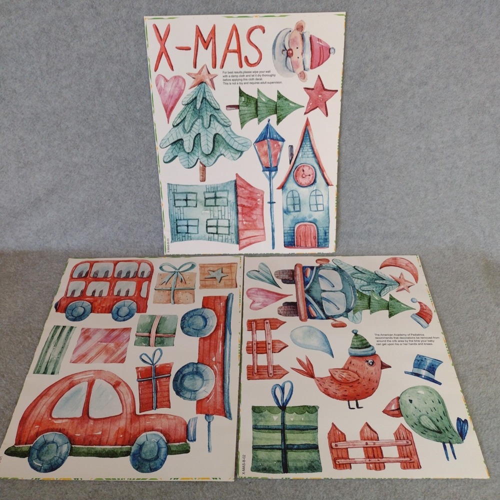 3 Sheet Watercolor Christmas Cloth Wall Decals Holiday Nursery Decor X-MAS-B